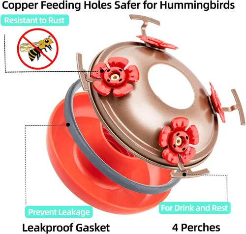 Miniatura 6 de Comederos para colibríes para exteriores colgantes, comedero para colibríes de vidrio soplado a mano de 32 oz para exteriores, 4 perchas con foso
