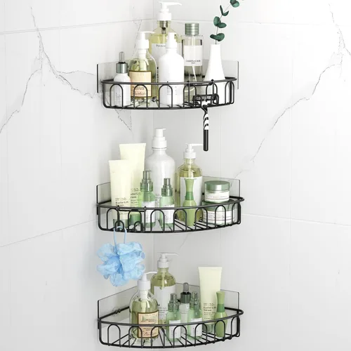 Miniatura 8 de Orimade Estante de ducha de esquina de acero inoxidable con ganchos, estante de baño montado en la pared, organizador de almacenamiento adhesivo