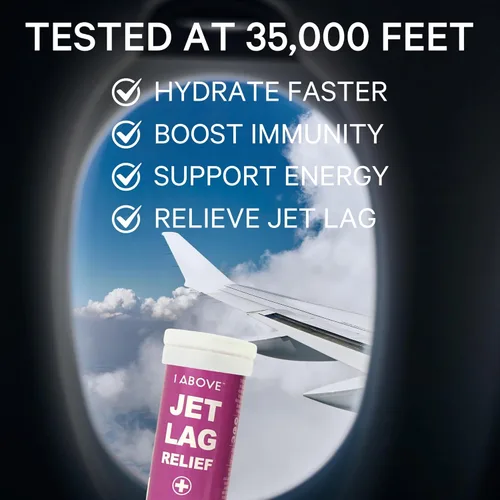 Miniatura 2 de 1Above Jet Lag Relief Tablets - Multivitamínico efervescente con sabor a bayas con Pycnogenol Suplemento de viaje para hidratación, energía, apoyo
