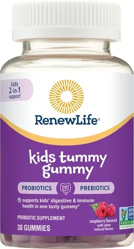 Renew Life Gomitas prebióticas y probióticas de frambuesa para niños, suplemento diario para la salud digestiva e inmunológica, B. Coagulans y B.