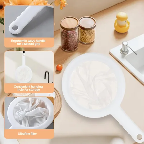 Miniatura 3 de Colador de malla de nailon ultrafino, mini colador de cocina para café, leche, yogur, jugo, mango antideslizante y agujero para colgar