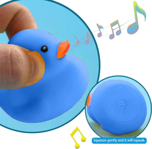 Miniatura 4 de Juguetes de pato de baño, 16 piezas de mini patos de goma azules chirriantes y flotadores, juguete para baby shower, decoración de fiesta para niños