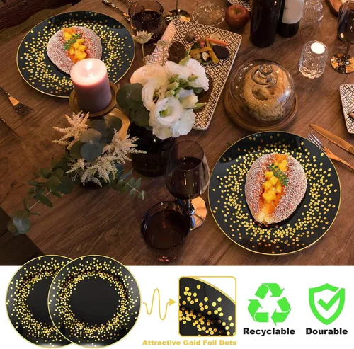 Miniatura 3 de Hsei 100 platos de plástico negros y dorados a granel desechables para Halloween, platos redondos de postre para cenas, bodas, cumpleaños, Navidad