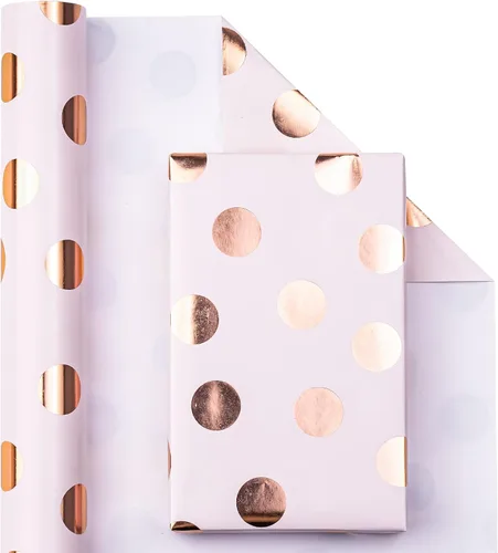 Miniatura 2 de WRAPAHOLIC Rollo de papel de regalo rosa, mini rollo, 17 pulgadas x 33 pies, diseño de lunares de lámina de oro rosa para cumpleaños, vacaciones