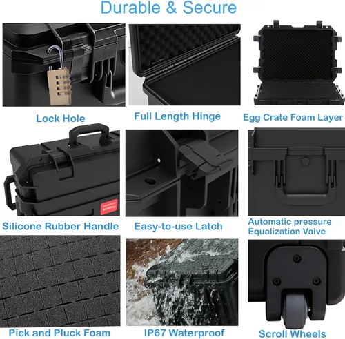 Miniatura 5 de Regetek Funda rígida impermeable, 27 x 20 x 13 pulgadas, funda rígida con ruedas, mango retráctil para cámara, dron, herramienta, electrónica, a