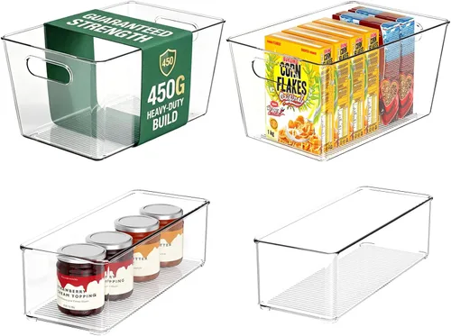 Juego de 4 cubos de almacenamiento de plástico transparente, 2 organizadores grandes + 2 pequeños organizadores de despensa y contenedores de