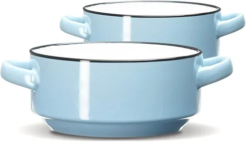 ECODECO Tazones de sopa de cerámica con asas, juego de 2 (16 onzas), color azul, aptos para horno y microondas, en caja de regalo, ideales para sopa