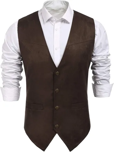COOFANDY Chaleco de traje de cuero de gamuza para hombre, chaleco occidental casual, chaleco ajustado