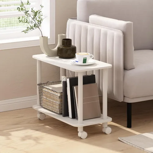 Miniatura 2 de Furinno Turn-N-Tube - Mesa auxiliar rectangular de 2 niveles con ruedas, mesita de noche de esquina redonda, mesita de noche con estante abierto