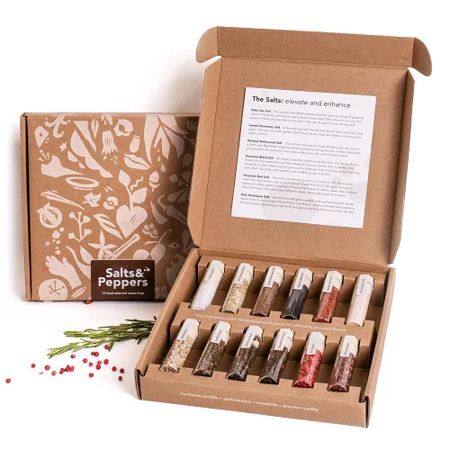 Caja de regalo de sal y pimienta | Juego de especias y condimentos para cocinar | 6 sales y 6 pimientas - Himalaya, hawaiana, limón romero, pimienta