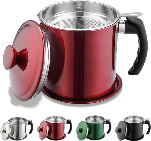 Miniatura 11 de Kyraton Contenedor de Grasa de Tocino con Colador, Recipiente de Aceite de Acero Inoxidable de 48 oz, Recipiente de Grasa de Olla con Tapa, Mango