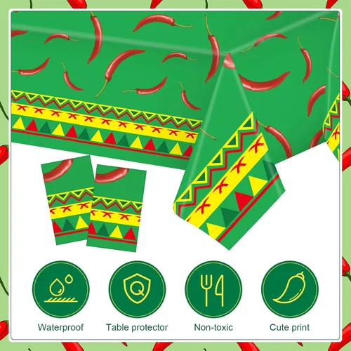 Miniatura 3 de Peryiter 4 piezas de decoración de fiesta de chile cocinero de 108 x 54 pulgadas, mantel de plástico para mesa rectangular, pimienta, suministros