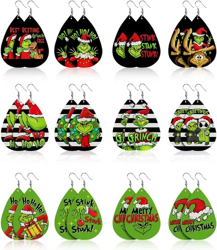 Juego de 12 aretes de piel sintética de Feliz Navidad, aretes colgantes de lágrima de Navidad, joyería de moda a rayas negras y verdes, divertido