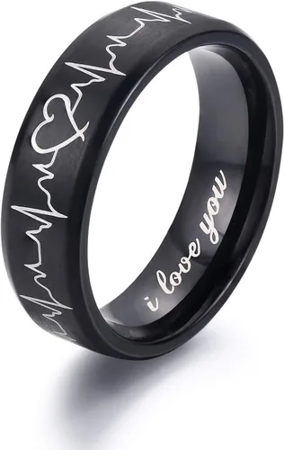 Miniatura 3 de Lavumo - Anillos de acero inoxidable a juego para promesa de boda de parejas, diseño con grabado de latidos del corazón y leyenda "I love you