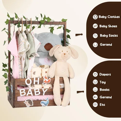 Miniatura 7 de Cesta de regalo para baby shower, caja de madera, letras de madera personalizadas y perchas para ropa recién nacido, regalos para bebés, niñas
