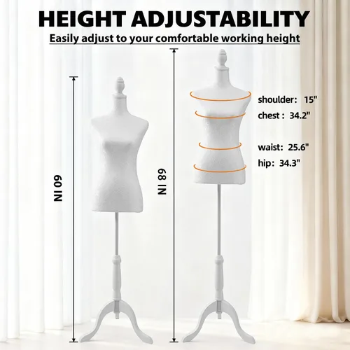 Miniatura 5 de Torso de maniquí hembra ajustable con base de trípode para exhibición (blanco)