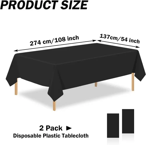 Miniatura 2 de Paquete de 2 manteles rectangulares desechables de plástico negro de 54 x 108 pulgadas, manteles de plástico negro para cumpleaños, bodas