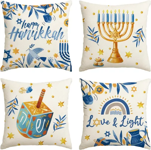 AVOIN colorlife - Juego de 4 fundas de cojín con diseño de Menorah y Dreidel de Hanukkah, de 16 x 16 pulgadas, fundas de cojín festivas de amor y
