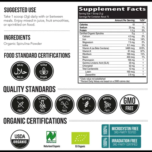 Miniatura 6 de Polvo de espirulina orgánica – Hecho con espirulina Parry®, conocida por su pureza superior y densidad de nutrientes – Agricultura vegana – No