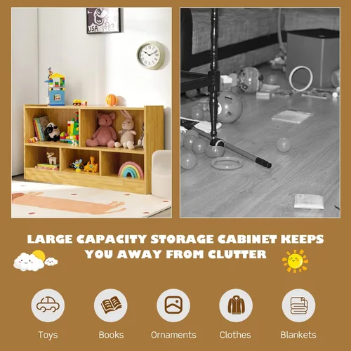 Miniatura 7 de KOTEK Organizador de almacenamiento de juguetes, estantería infantil de 5 cubos, estantería de madera de 3 niveles, estante abierto para guardería