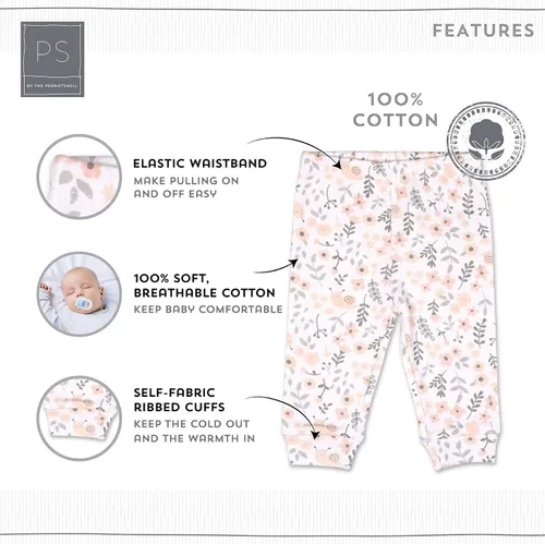 Miniatura 2 de The Peanutshell Conjunto de pantalones para bebé niña Paquete de 5 en tallas de recién nacido a 24 meses Floral, rosa, blanco, estrellas