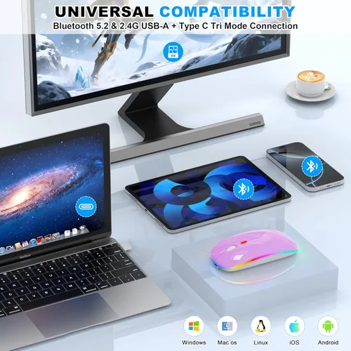 Miniatura 4 de ratón LED inalámbrico - ratón RGB recargable Bluetooth inalámbrico para MacBook Pro Air Mac iPad PC portátil, ratón óptico silencioso USB C