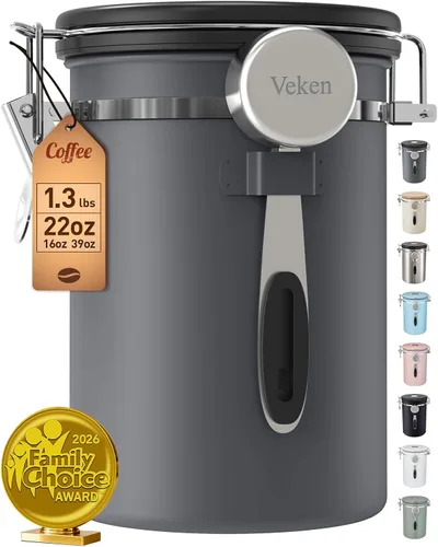 Miniatura 12 de Veken - Recipiente hermético para café de acero inoxidable, contenedor de almacenamiento de alimentos para la cocina con registro de fecha y cuchara