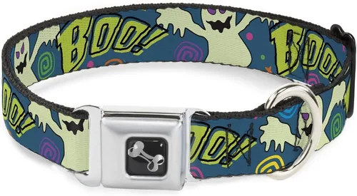 buckle-down "Fantasma Boo. Azul/Multi Color Collar de perro hueso, amplia Medio/16 – 23"