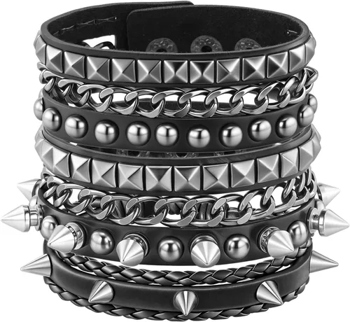 Miniatura 7 de Eigso Pulseras de cuero punk para hombres y mujeres, estilo retro de los años 80, hematita y rock, juego de pulseras de metal ajustables para hombre