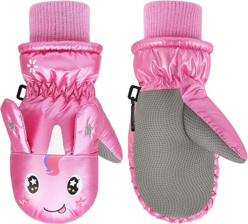 MoKo Guantes de nieve para niños pequeños, guantes cálidos de forro polar coral para niños con hebillas de unión, guantes de esquí impermeables