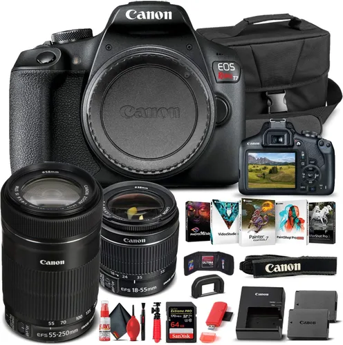 Canon Cámara DSLR EOS Rebel T7 con lente de 0.709-2.165 in (2727C002) + lente EF-S de 2.165-9.843 in + tarjeta de memoria de 64 GB + funda +