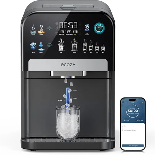 ecozy Dispensador de máquina de hielo Nugget, máquina de hielo inteligente 2 en 1 para encimera y dispensador de agua con control de aplicación,