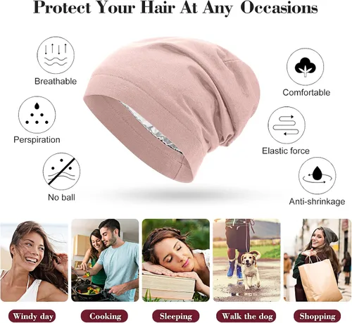Miniatura 3 de 4 Pieces Satin Lined Beanie Cap Satin Sleep Lined Hat Slouchy Beanie Hat Night Silk Hair Cap for Women Men