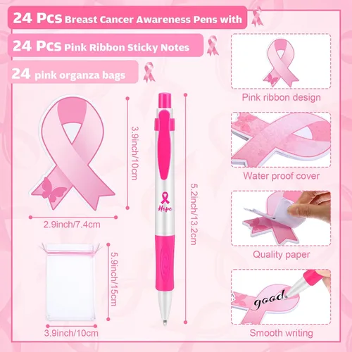 Miniatura 2 de Cholemy El juego de 120 regalos de concientización sobre el cáncer de mama incluye bolígrafos de cinta rosa, insignias de botón, mini bloc de notas