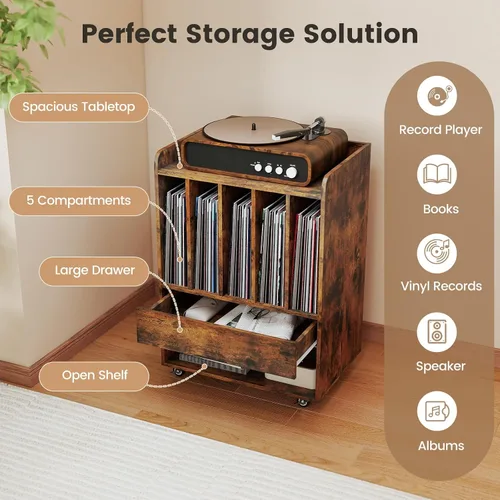 Miniatura 6 de LOKO Soporte para tocadiscos sobre ruedas, soporte giratorio con 5 compartimentos, cajón y estante abierto, estante de exhibición de vinilo