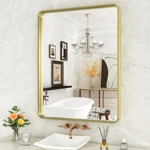 Miniatura 42 de WEER - Espejo de baño dorado, espejo de 40x32 pulgadas con marco de metal dorado cepillado, espejo de tocador de baño de oro para pared