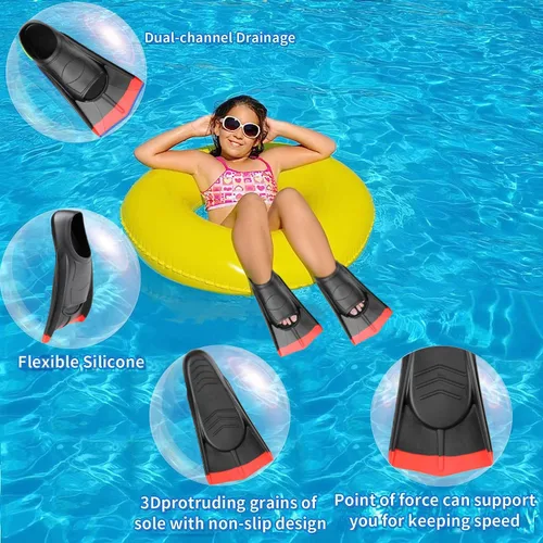 Miniatura 3 de Aletas de Natación para Niños, Aletas Cortas Cómodas para Natación de Vueltas y Entrenamiento para Niños, Niñas, Niños, Principiantes Negro&rojo