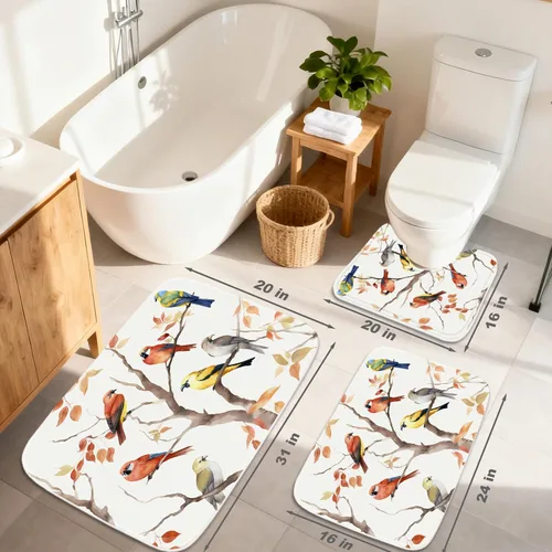 Miniatura 2 de TheBlackSpot Juego de 3 alfombras de baño rústicas de primavera de granja, diseño botánico de pájaros, tapete de baño de espuma viscoelástica