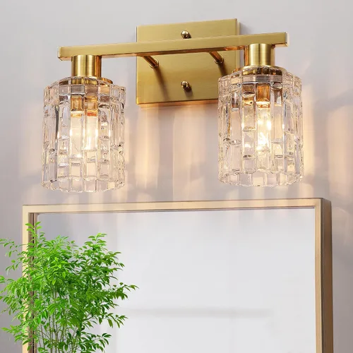 2 luces de tocador de baño de oro cepillado sobre el espejo, iluminación moderna de tocador con pantalla de cristal de cristal, accesorios de