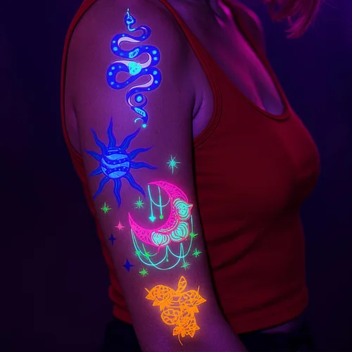 Miniatura 7 de Tatuajes temporales de neón UV, 12 hojas de tatuajes de fiesta que brillan en la oscuridad para adultos y niñas, patrones de doble vibración