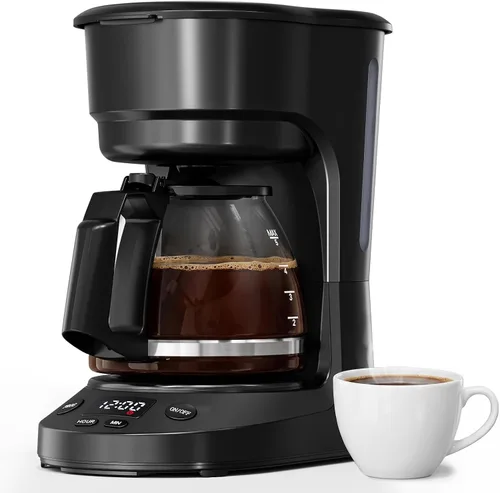 WAA Cafetera de goteo programable de 5 tazas, cafetera portátil con olla de vidrio y filtro reutilizable, plato para mantener el calor, retrasar la
