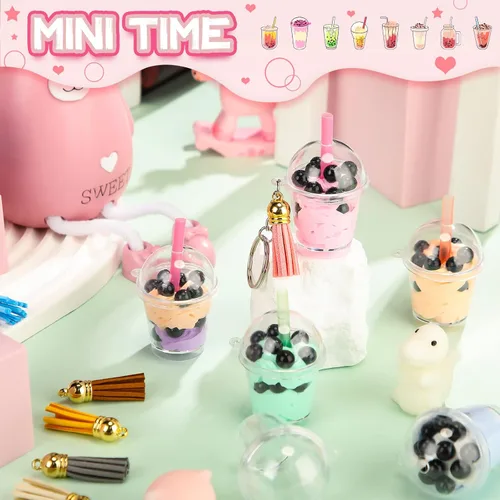 Miniatura 4 de Cunno 348 piezas de mini llaveros de té lechoso, accesorios de pegamento de té de burbujas, incluye anillos para llavero, mini taza, colgante