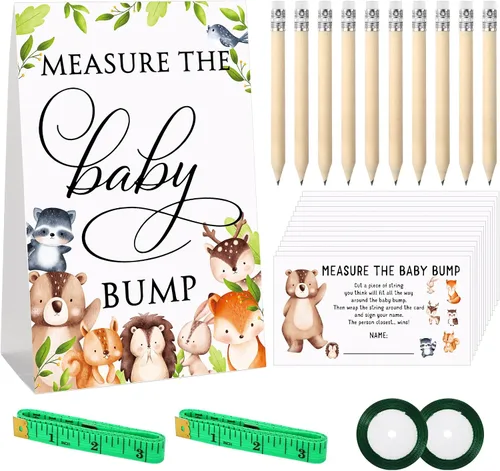 Miniatura 11 de Fumete Juego de 65 piezas para baby shower, incluye letrero bohemio de medir la protuberancia del bebé, 50 tarjetas de adivinanzas, 10 lápices, 2