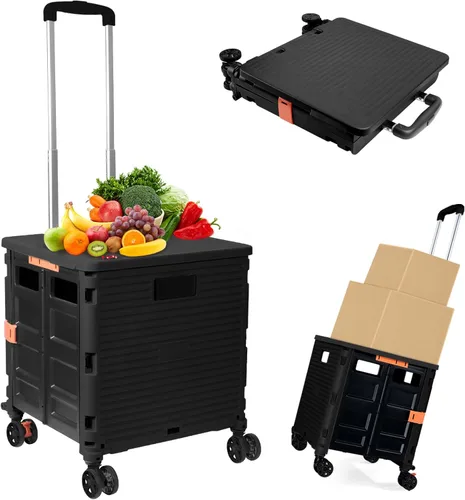 Carrito de Utilidad Plegable Carrito de Mano Portátil con Caja de Ruedas Plegable con Tapa Resistente al Desgaste Silencioso Rueda Giratoria de 360°