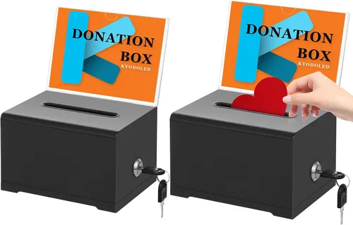 Miniatura 12 de KYODOLED Caja negra para donaciones para recaudación de fondos, caja de sugerencias con cerradura y llave, caja de rifas para boletos con soporte
