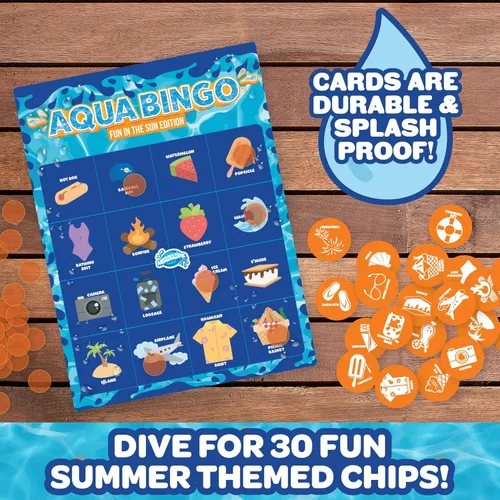 Miniatura 4 de Juego de buceo de bingo en piscina para niños, edición divertida de fiesta de verano, bucea y llama a 30 "números" de temática tropical hundida