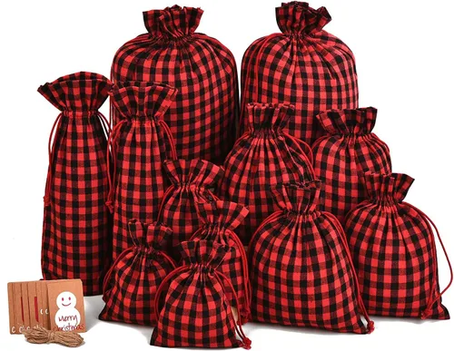Miniatura 8 de XCFWin Paquete de 12 bolsas de regalo de Navidad con cordón, diseños reutilizables para suministros de fiesta de Navidad