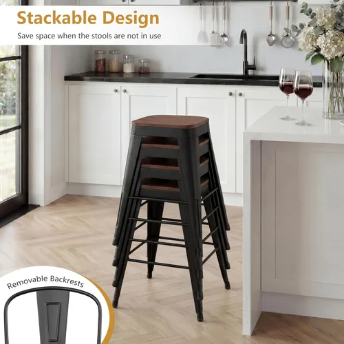 Miniatura 7 de Yongchuang Juego de 4 taburetes de bar de 24 pulgadas, de metal negro, altura de mostrador, con respaldo alto, asiento de madera grande, sillas
