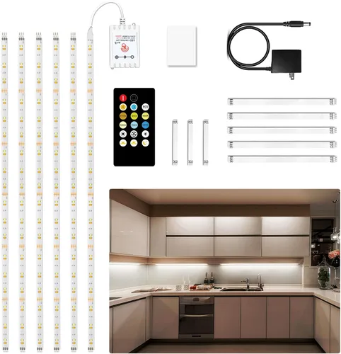 DAYBETTER Kit de iluminación para debajo del gabinete, 6 tiras de luces LED con control remoto, regulador de intensidad y adaptador, regulables para