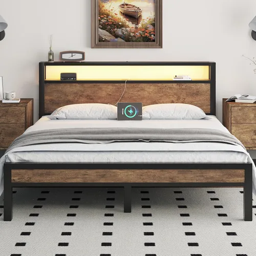 Miniatura 10 de Marco de cama tamaño completo con cabecera de almacenamiento, cama plataforma industrial con estación de carga y luces LED, listones de metal Negro
